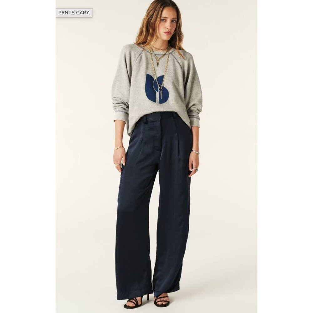 Ba&sh Cary Cargo Style Wide Leg Pants Deep Navy Blue Satin Sz 34/XS